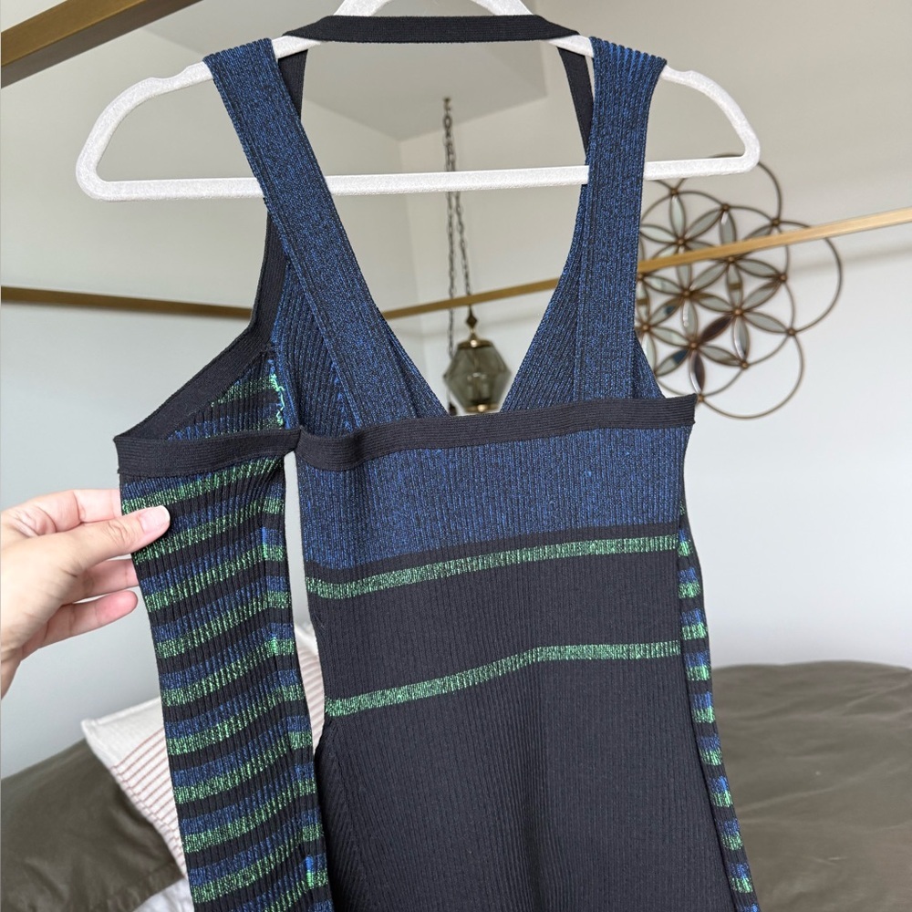 Opening Ceremony Ribbed Knit Dress Womens S Green Black Long Sleeve Fit & Flare - Picture 4 of 10